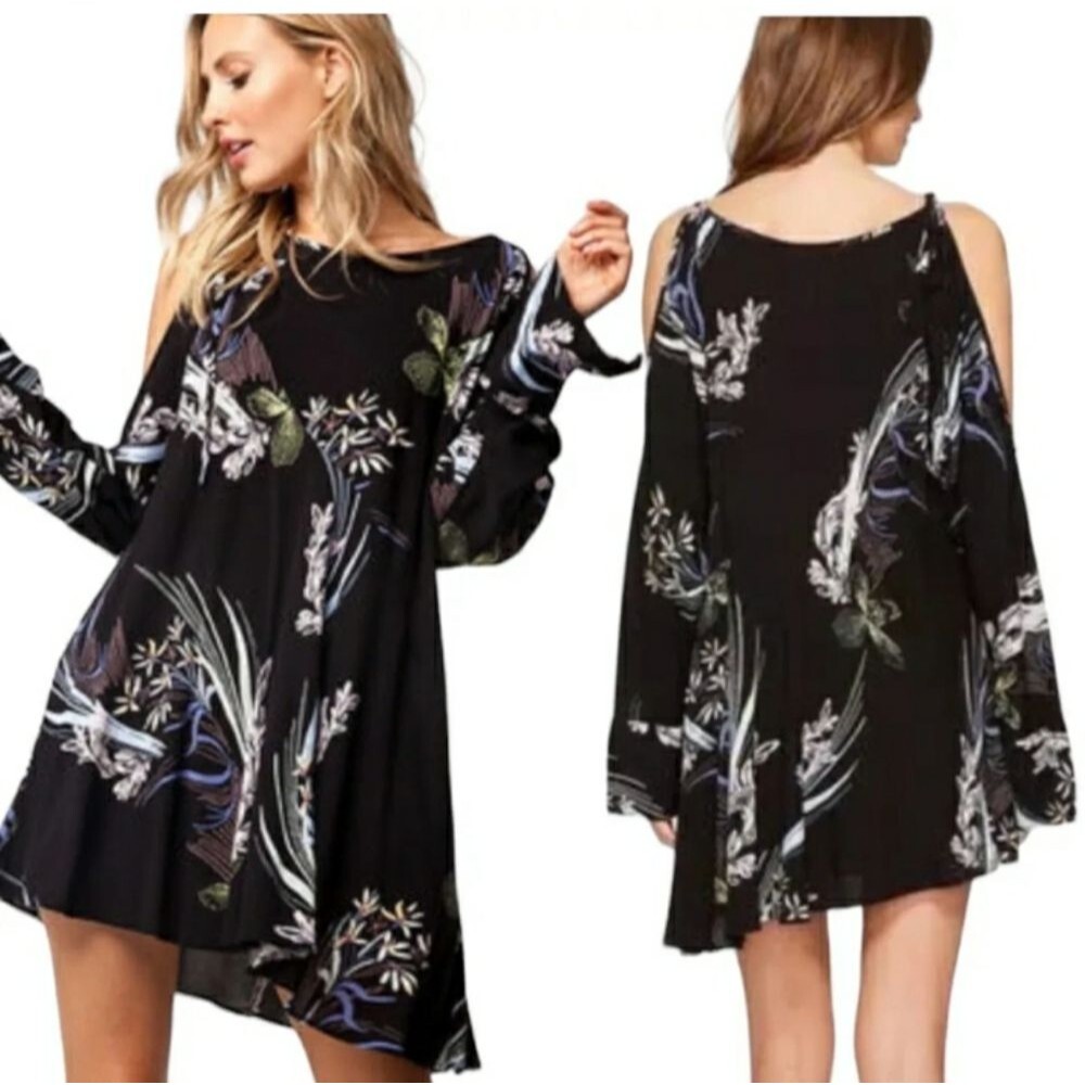 Free People Black Floral Long Sleeve Mini Dress Flowing Cold Shoulder Sleeves MD